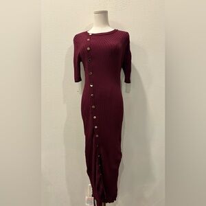 Chic Long Sleeve Burgundy Dress with Button Detail